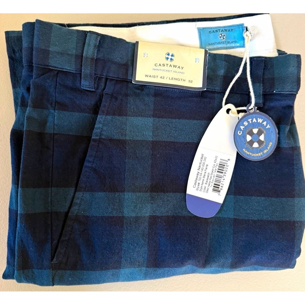 NWT Castaway Men's 42X32 Blue Green Plaid Cotton Twill Straight Flat Front Pants